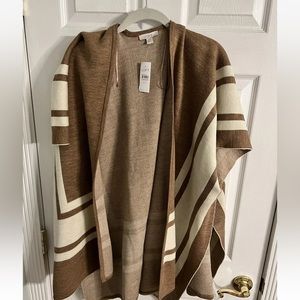 LOFT Large Border Stripe Wrap Sweater/Poncho in Camel